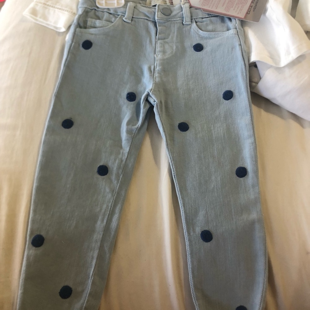 Zara polka dot jeans with white long sleeves shirt